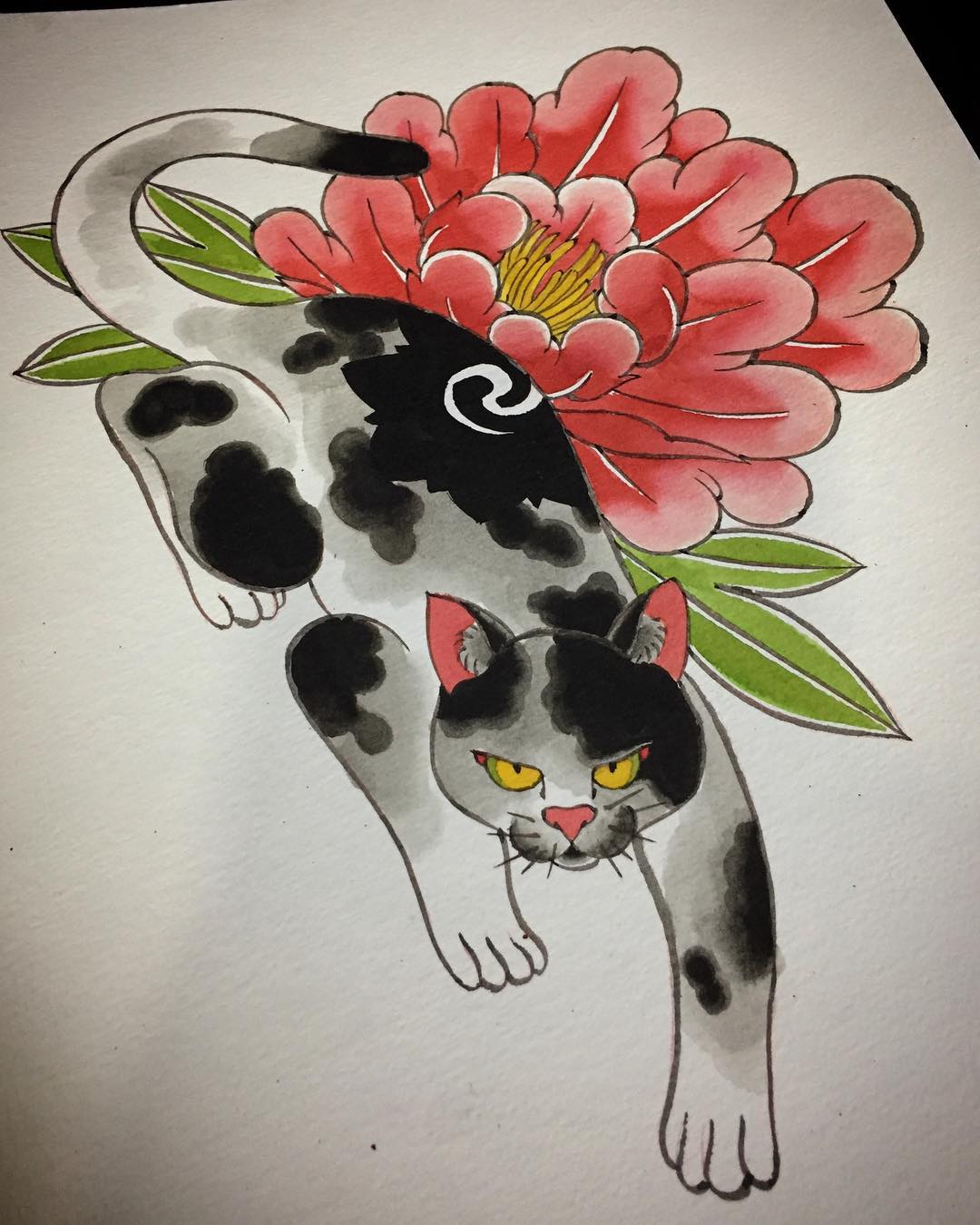 牡丹猫咪纹身手稿