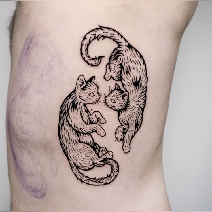 黑色线条风格的两只小猫咪纹身图案